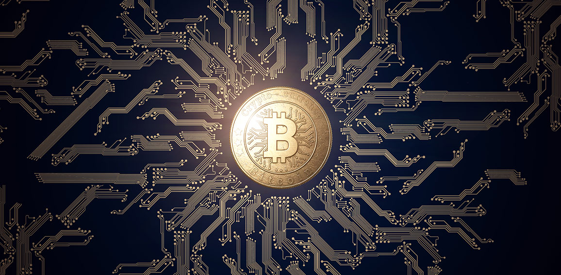 Gold coin Bitcoin on a black background. The concept of crypto currency. Blockchain technology.