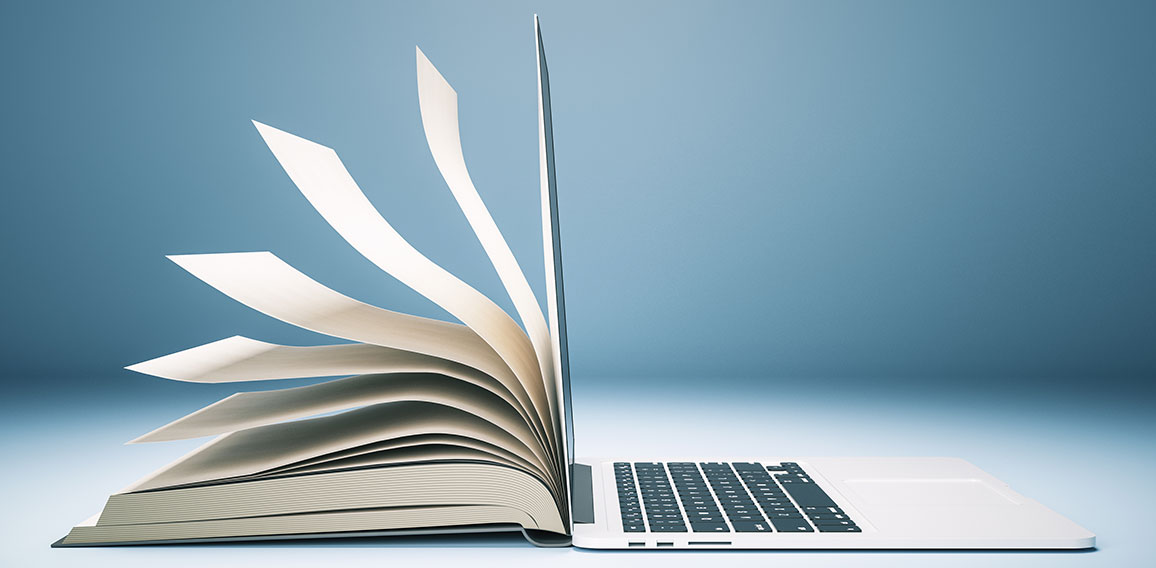 Abstract book and open laptop. Online education and webinar concept. 3D Rendering