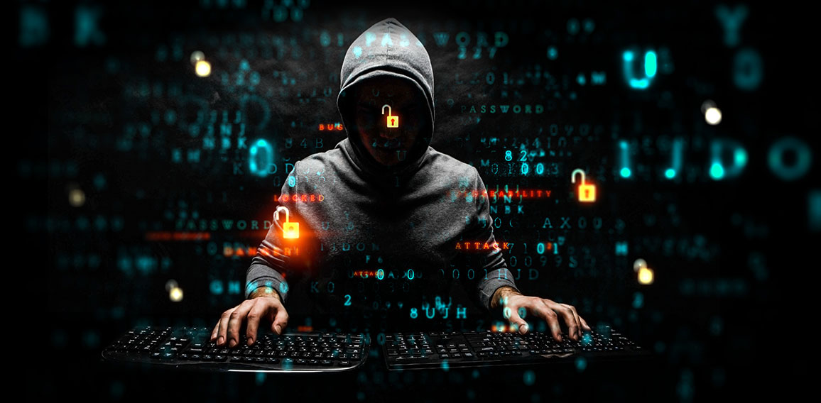 Hacker with his hands on two keypads, on digital code dark background