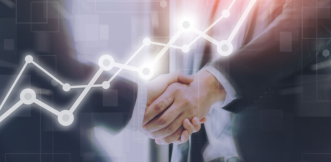 Businessman making handshake with a businesswoman on futuristic technology connection shape motion blur background with graph and chart rise up.Greeting and dealing business success concepts.