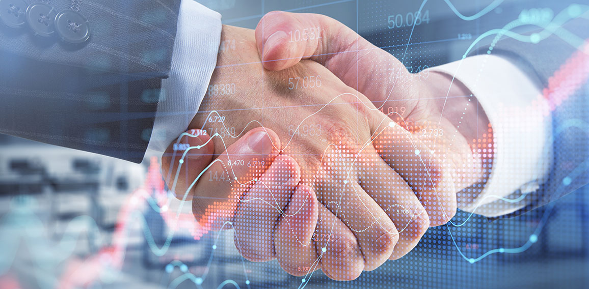 Close up of business men shaking hands with abstract red forex chart index on blurry office interior background. Digital data, teamwork, company and crisis concept. Double exposure