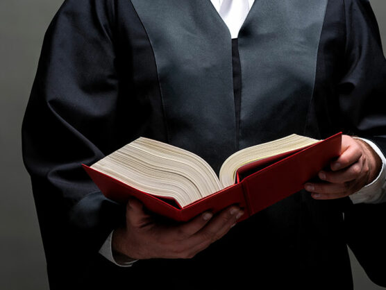 german lawyer with a classical black robe, white tie and book