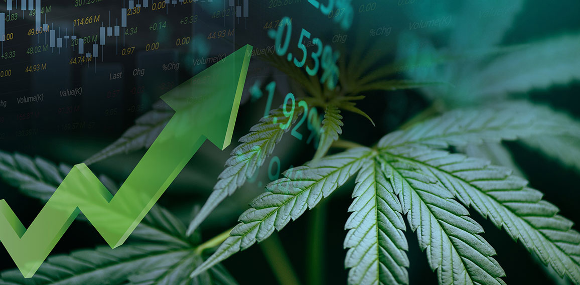 Positiver Pfeil neben Börsenkursen und Cannabis-Pflanze