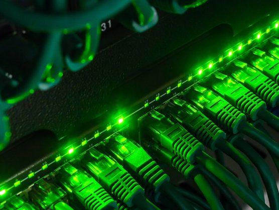 Grün erleuchtete Netzwerk-Kabel führen in Server