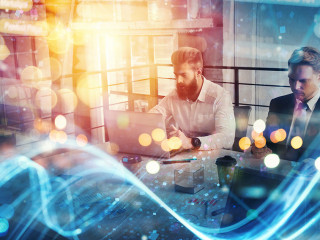 Business people collaborate together in office. Internet connection effects. Double exposure