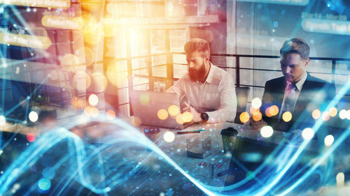 Business people collaborate together in office. Internet connection effects. Double exposure