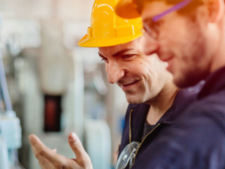 happy worker, smiling industrial technician engineer enjoy worki