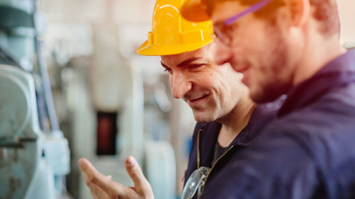 happy worker, smiling industrial technician engineer enjoy worki