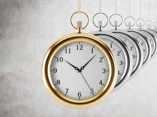 Pocket watches in a chain are in the line. Concrete background. 3D rendering