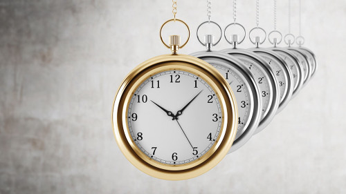 Pocket watches in a chain are in the line. Concrete background. 3D rendering