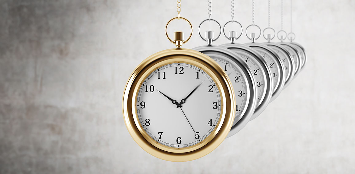 Pocket watches in a chain are in the line. Concrete background. 3D rendering