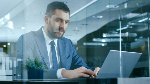 Confident Handsome Businessman Works on a Laptop at His Desk. St