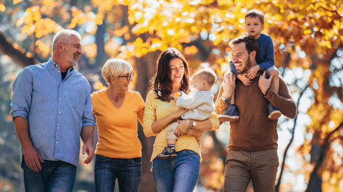 Multl generation family in autumn park having fun