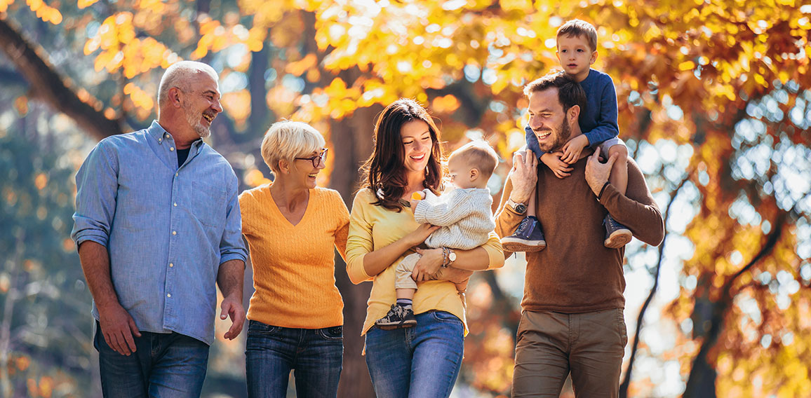 Multl generation family in autumn park having fun