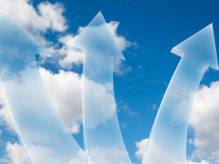 three transparent arrows on White, fluffy clouds in sky collage