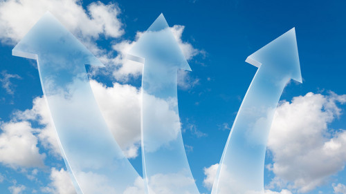 three transparent arrows on White, fluffy clouds in sky collage