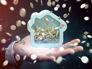 Man holding a House moneybox with coin surrounding all over 3d rendering