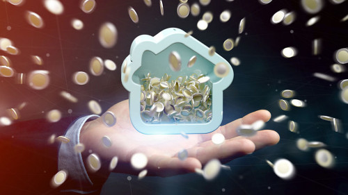 Man holding a House moneybox with coin surrounding all over 3d rendering