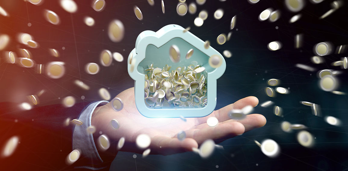 Man holding a House moneybox with coin surrounding all over 3d rendering