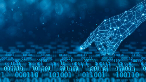 Digital hand touching binary data flow technology concept