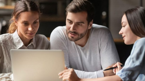 Female insurance mortgage broker consult couple showing online presentation