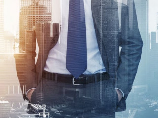 close up of businessman over city buildings