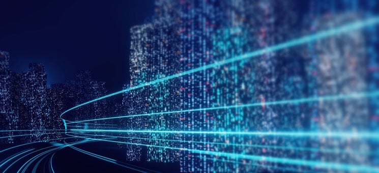 3D Rendering of abstract highway path through digital binary tow