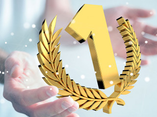 Businessman winning the first golden price 3D rendering