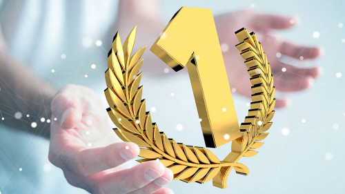 Businessman winning the first golden price 3D rendering