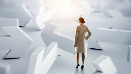 Young businesswoman and lots of arrows with different directions. Mixed media