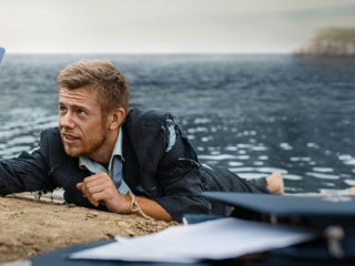 Depressed businessman trying to call, lost island