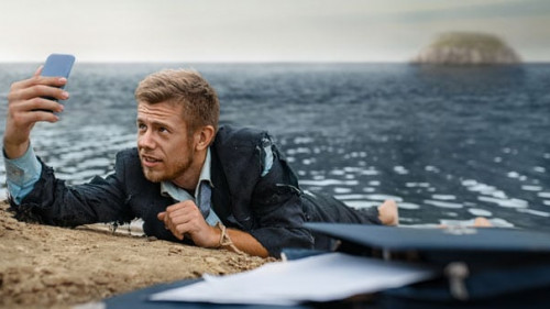 Depressed businessman trying to call, lost island