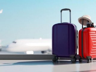 Suitcases in airport. Travel concept. 3d rendering