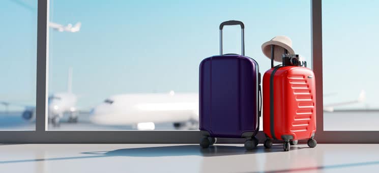 Suitcases in airport. Travel concept. 3d rendering
