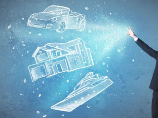 Rich person throwing hand drawn car yacht and house