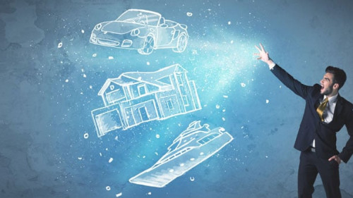 Rich person throwing hand drawn car yacht and house