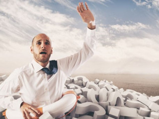 Man asks for help submerged by question marks. 3D Rendering