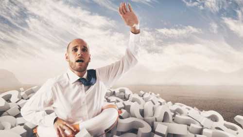 Man asks for help submerged by question marks. 3D Rendering