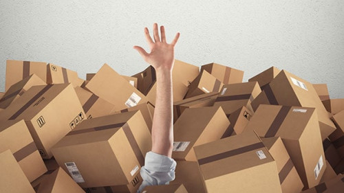 Man buried by a stack of cardboard boxes. 3D Rendering