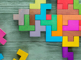 Human brain is made of multi-colored wooden blocks. Creative med