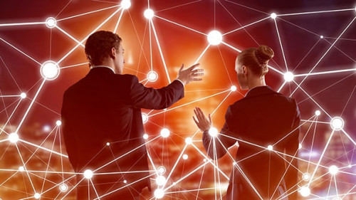 Concept of social connection and networking against night city view and partners working in cooperation