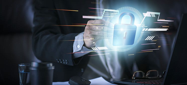 Data protection and network security concept. Glowing light Shie