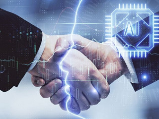 Double exposure of brain hologram and handshake of two men. Partnership in IT industry concept.