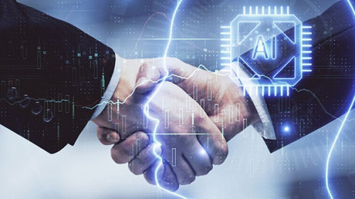 Double exposure of brain hologram and handshake of two men. Partnership in IT industry concept.