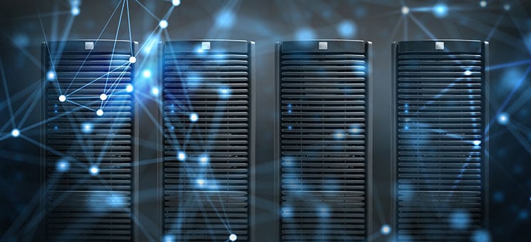 Concept of a data center room with database server and network effects