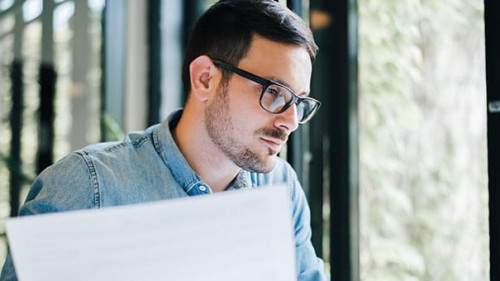 Serious pensive thoughtful focused young casual business account