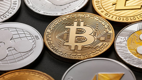 Set of a coin of crypto currency on a dark background. Business, finance and technology concept.