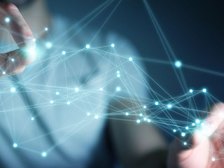 Businessman using flying network connection 3D rendering