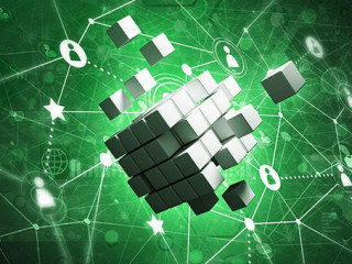 Concept of Internet and networking with digital cube figure on dark background