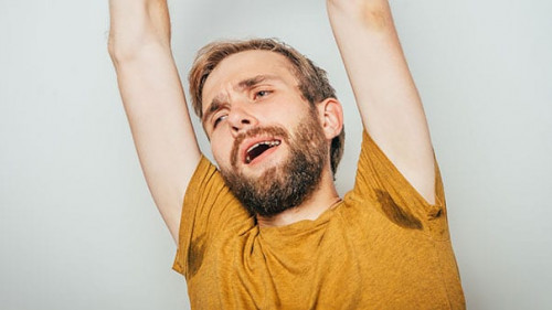 satisfaction and stretching hands man